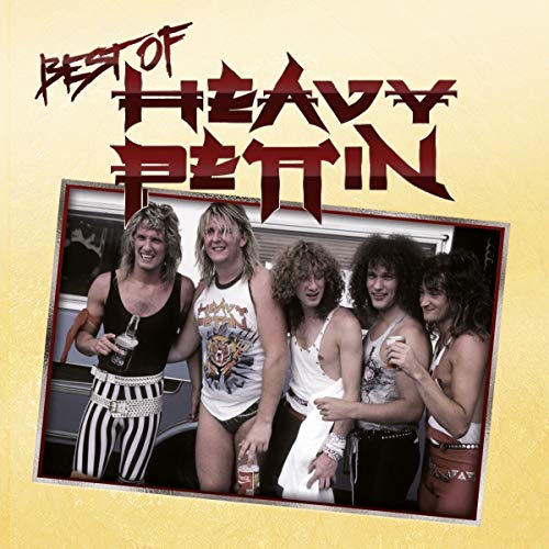 The image is a music album cover for the band "Heavy Heavy". The cover features a photograph of the band members, with the title "Best Of Heavy Pettin" written in red, stylized text at the top. The band members are depicted standing together, smiling and holding drinks. They are dressed in casual clothing, with some wearing sleeveless shirts and others wearing tank tops. The background of the image is a light yellow color, which provides a subtle contrast to the darker tones of the