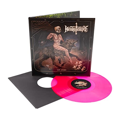 Magenta vinyl record and sleeve with gothic illustration of figures and wolves.