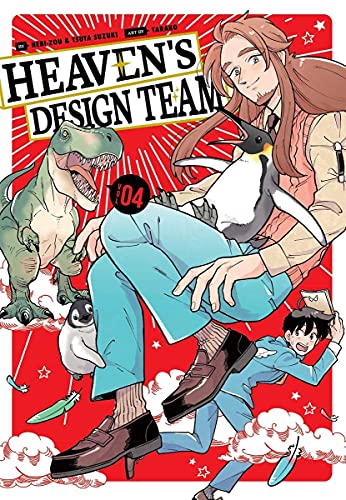 Manga cover with a man, dinosaur, penguin, and surprised boy.