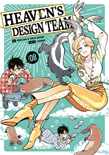 Manga cover with characters, a skunk, and platypuses against a teal background.
