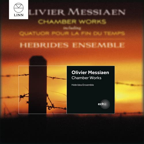 CD cover for Messiaen chamber works by Hebrides Ensemble, with sunset.
