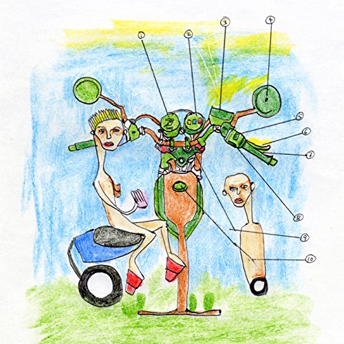 The image depicts a vinyl record cover with a childlike drawing of a futuristic, robotic figure. Alt text: "Vinyl record cover with a drawing of a robotic figure and two women."