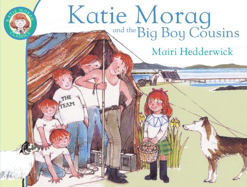 "Katie Morag and the Big Boy Cousins" book cover featuring cartoon children and a dog.