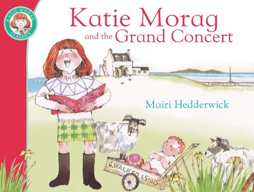 Katie Morag stands singing with a book, accompanied by sheep and a baby carriage.
