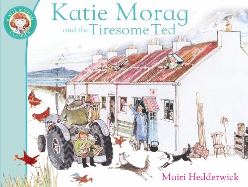 Book cover illustration showing Katie Morag on a tractor outside a row of cottages.