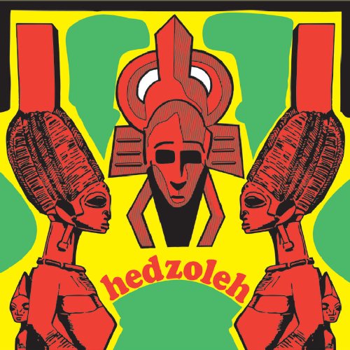 "Album cover with red figures and abstract shapes on a yellow and green background."