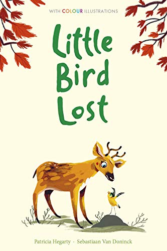 Book cover: deer and small yellow bird under red leaves.