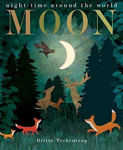Book cover showing a crescent moon, an owl, deer, and foxes in a forest.