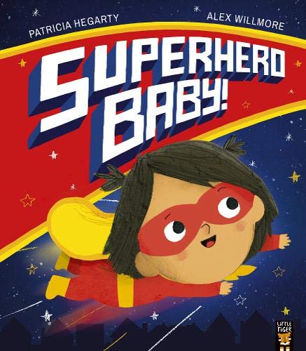 A baby wearing a red superhero mask and cape flies against a starry sky.