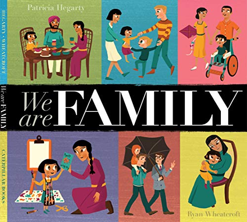 Book cover titled We Are Family featuring illustrations of diverse families in colorful panels.