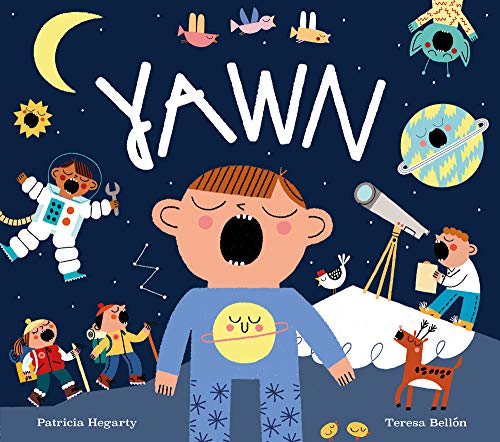 Children’s book cover with a yawning boy and whimsical space illustrations.