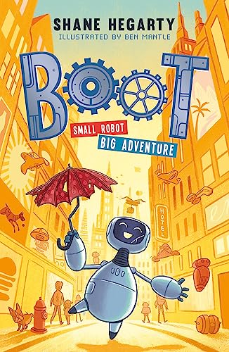 Book cover featuring a small, blue robot with a red umbrella in a city.