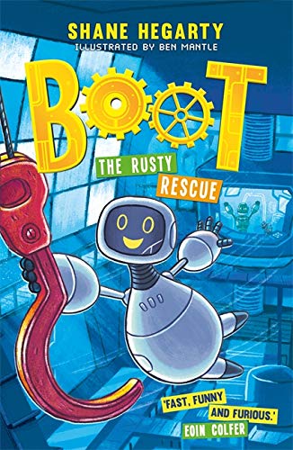 Book cover: yellow robot, red hook, and large, metallic "BOOT" lettering.
