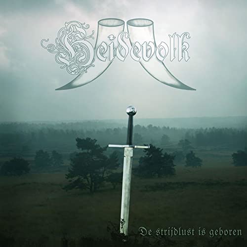 CD cover: swords, drinking horns, and misty landscape in grayscale.