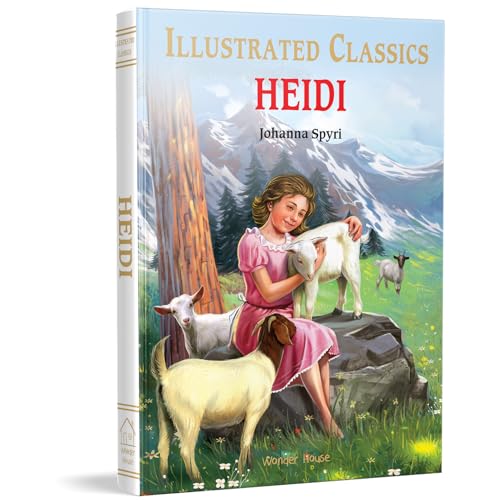 Book cover featuring Heidi in a pink dress sitting with goats in the mountains.
