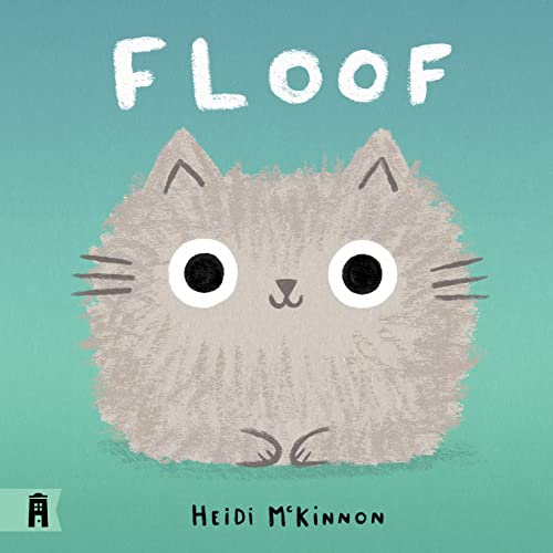 A fluffy gray cat with large eyes on a teal background, titled Floof.