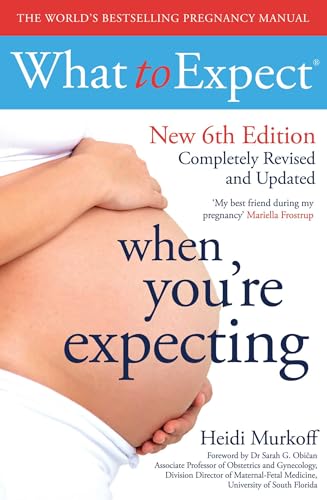 Book with pregnancy guide cover, pink and white colors, expecting mother illustration, sixth edition.