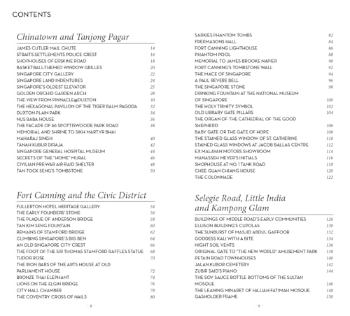 Book cover with a table of contents listing Singapore locations.