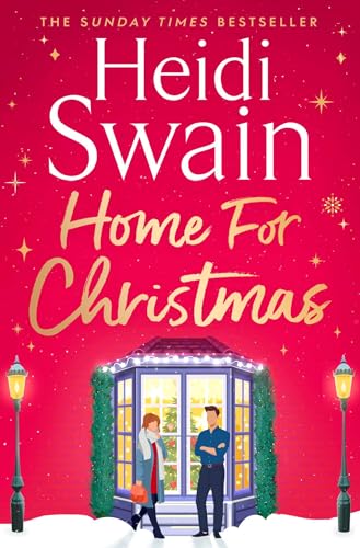Book cover: “Home For Christmas” by Heidi Swain, couple by a decorated porch.