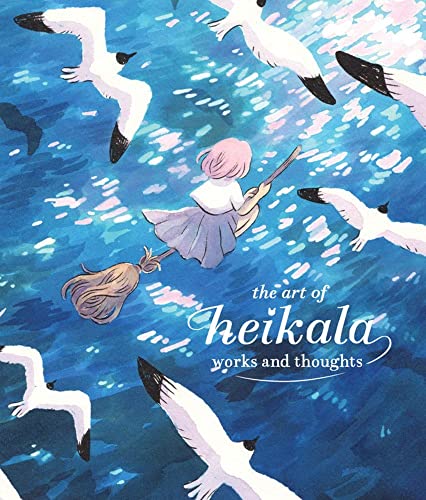 Book cover: girl flying on a broom with seagulls, blue tones.