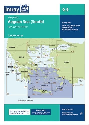 Imray G3 Aegean Sea South nautical chart showing Greece and Turkey with grid overlays.