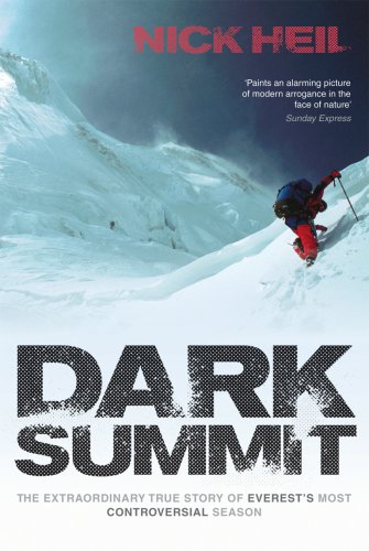 Book cover: climber on snowy Everest peak, dark text "DARK SUMMIT".