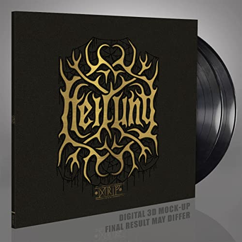 Heilung "Drif" vinyl record cover with gold, ornate lettering and artwork.