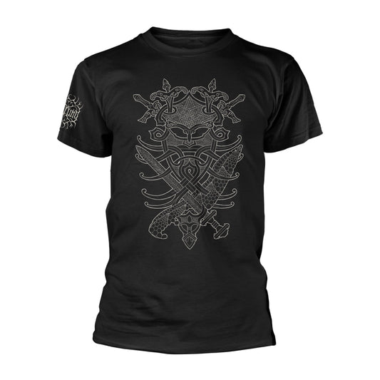 Black t-shirt with a detailed white illustration of swords and ravens.