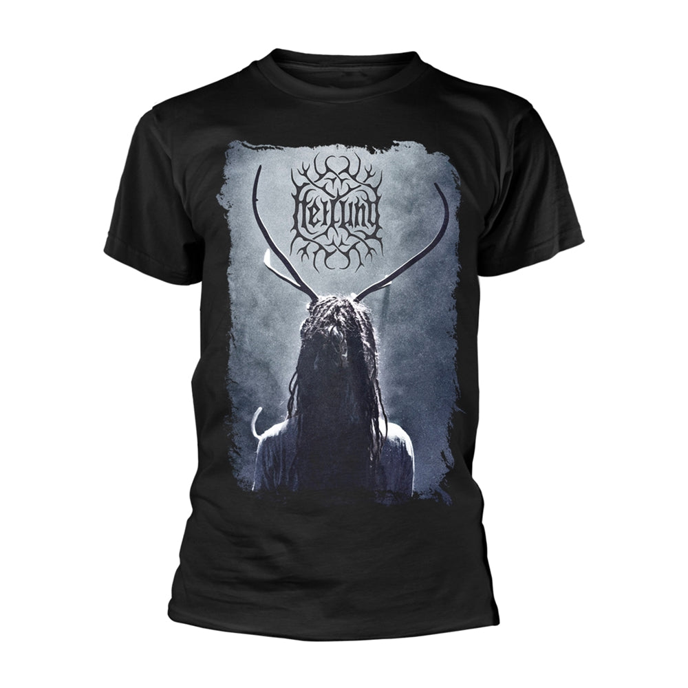 Black t-shirt with a distressed graphic of antlers and a figure.