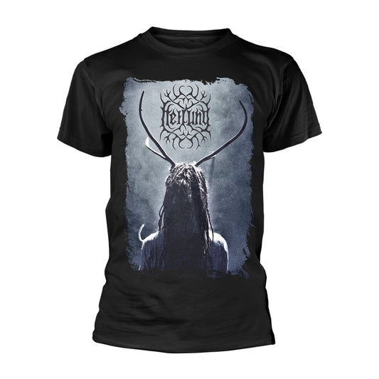 Black t-shirt with a distressed graphic of antlers and a figure.