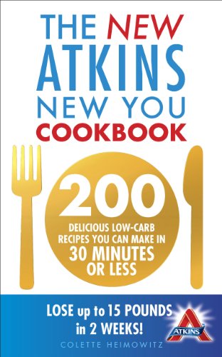 Cookbook cover with gold cutlery, text reading “The New Atkins New You Cookbook.”