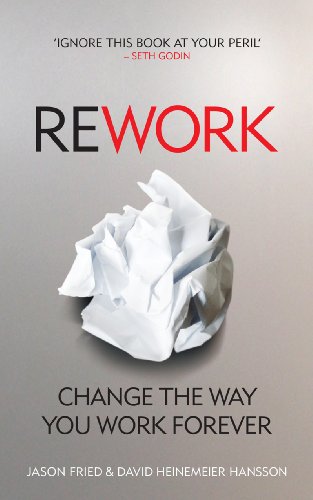 Book cover: "Rework" with crumpled paper and bold red text.