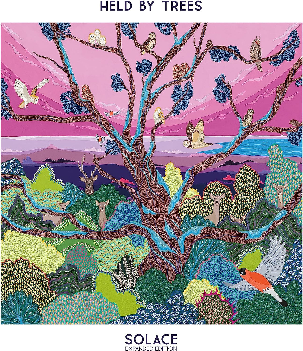 "Album cover art featuring a colorful tree with birds and animals in a landscape."