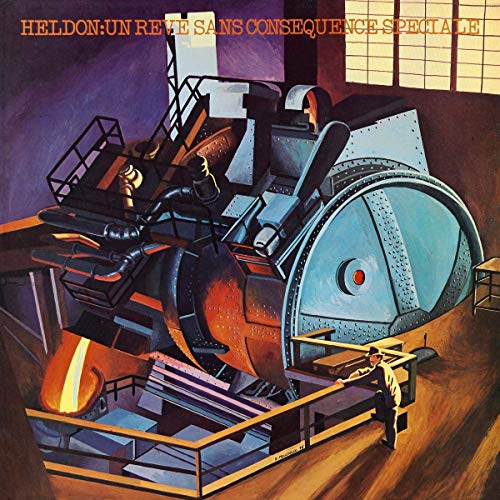 Vinyl album cover featuring a surreal, industrial scene with machinery and two figures.