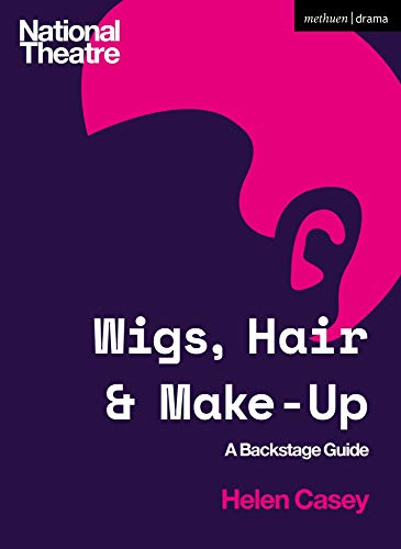 Book cover for “Wigs, Hair & Make-Up” with abstract pink and purple design.