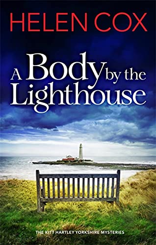 Book cover: lighthouse on coast, bench in foreground, stormy sky.