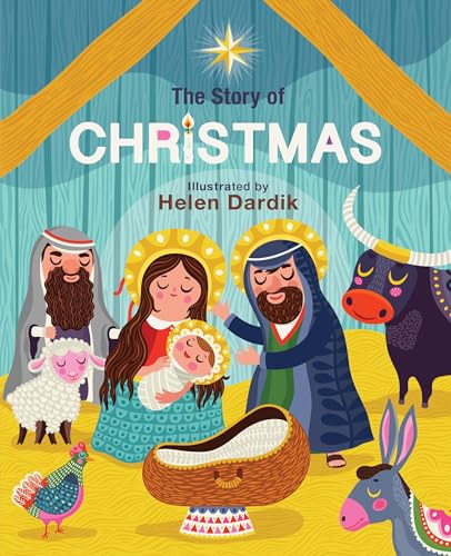 Nativity scene illustration with Mary, Joseph, baby Jesus, and animals.