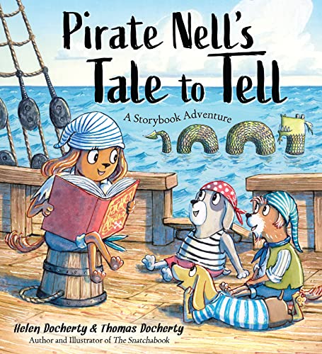 A pirate dog reads a book to other dog characters on a ship deck.