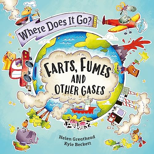 Children’s book cover depicting Earth with illustrations of gases and vehicles.