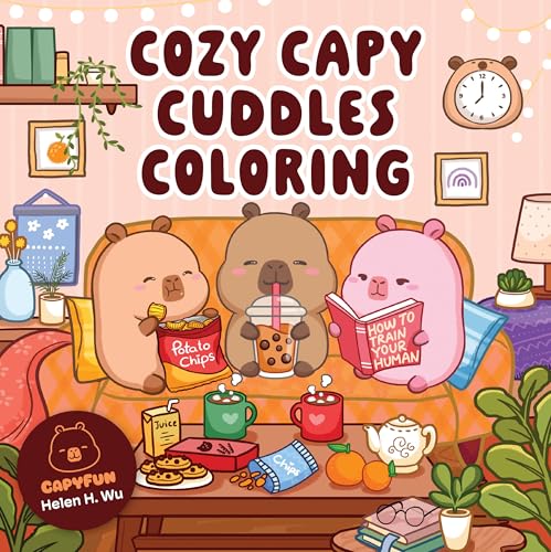 Three cartoon capybaras sit on a sofa eating snacks and reading in a room.