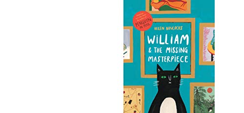 Book cover featuring a black cat in front of framed paintings.