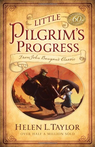 Book cover: "Little Pilgrim's Progress" depicts a child fighting a dark figure.