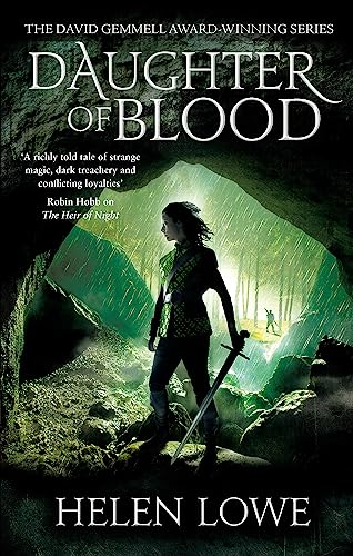 Book cover: woman with sword stands in a dark, misty cave entrance.