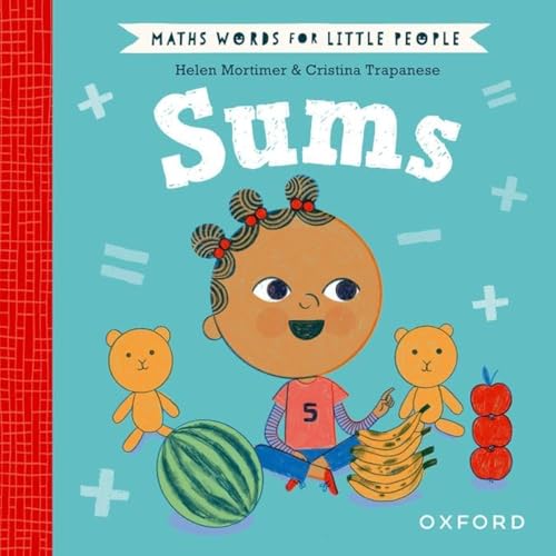 Book cover with illustrated child, fruit, and teddy bears, titled "Sums".