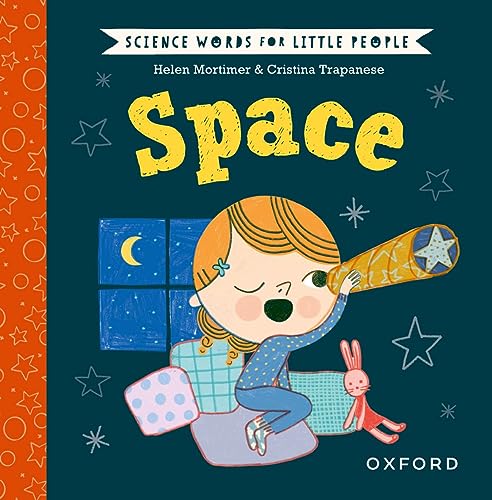 A child looks through a telescope at night in this illustrated children's book cover.