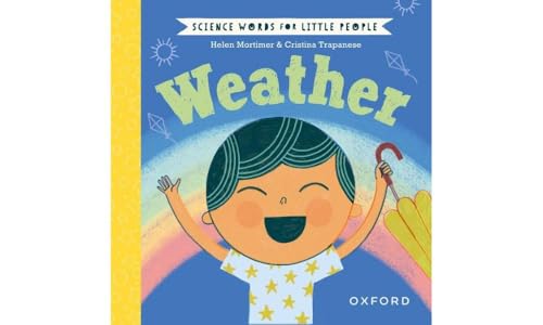 Children’s book cover, “Weather,” with an illustrated boy holding a red umbrella.
