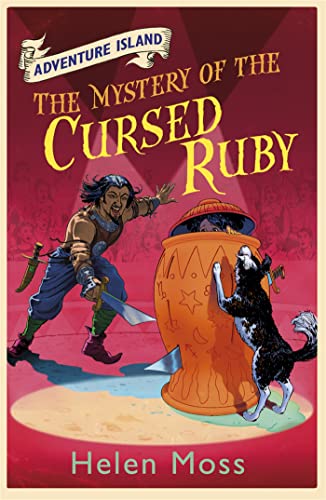 Book cover: boy, dog, and large pot with swords and a ruby.