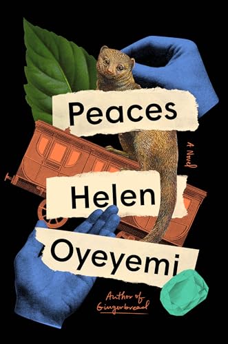 Book cover for “Peaces” by Helen Oyeyemi with a mongoose and train.