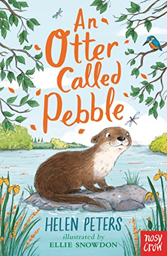 An otter sits on a rock in a river surrounded by trees and flowers.