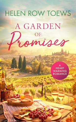 Book cover with Tuscan landscape, wine glasses, and a picnic spread.